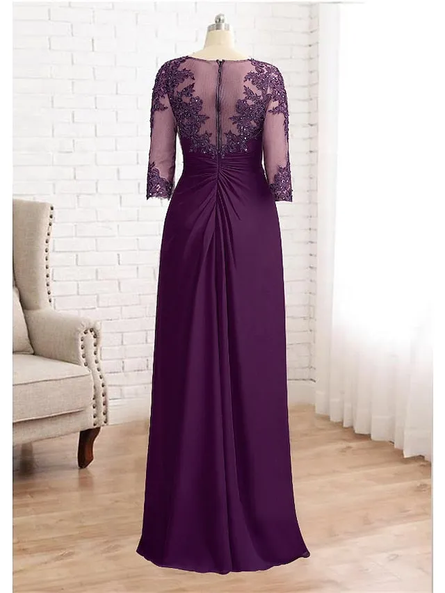 Sheath / Column Mother of the Bride Dress Formal Wedding Guest Elegant Sparkle & Shine Jewel Neck Asymmetrical Floor Length Chiffon Lace 3/4 Length Sleeve with Sequin Appliques 2023