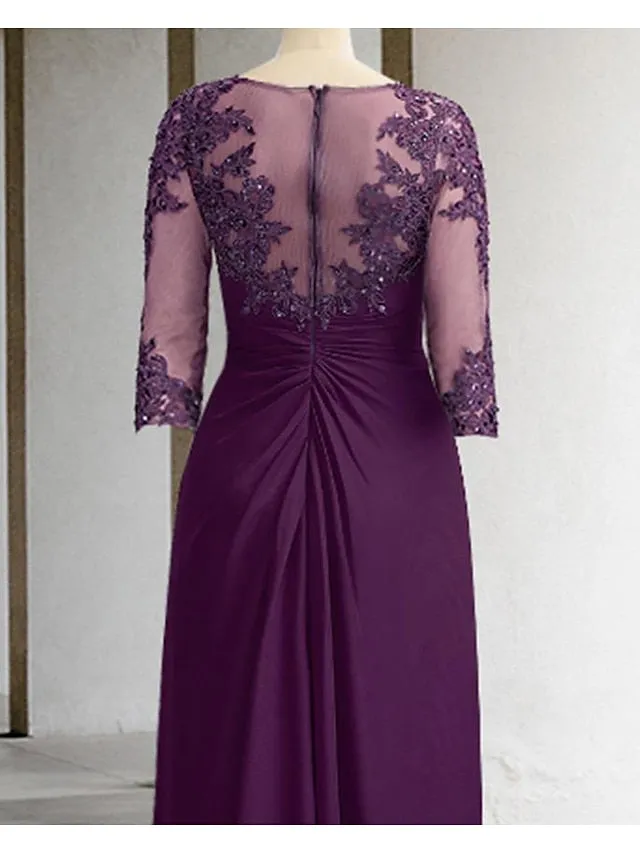 Sheath / Column Mother of the Bride Dress Formal Wedding Guest Elegant Sparkle & Shine Jewel Neck Asymmetrical Floor Length Chiffon Lace 3/4 Length Sleeve with Sequin Appliques 2023