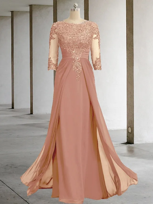 Sheath / Column Mother of the Bride Dress Formal Wedding Guest Elegant Sparkle & Shine Jewel Neck Asymmetrical Floor Length Chiffon Lace 3/4 Length Sleeve with Sequin Appliques 2023