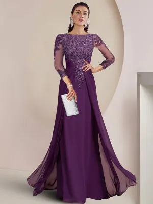 Sheath / Column Mother of the Bride Dress Formal Wedding Guest Elegant Sparkle & Shine Jewel Neck Asymmetrical Floor Length Chiffon Lace 3/4 Length Sleeve with Sequin Appliques 2023