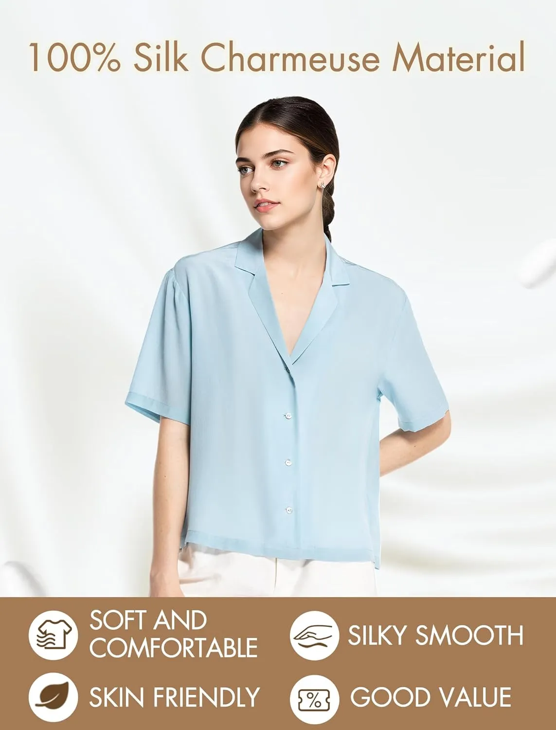 Silk Blouse for Women Button Down Shirts: Women's Short Sleeve Elegant Shirt 100% Pure Silk Casual Tops Summer Luxury Blouses