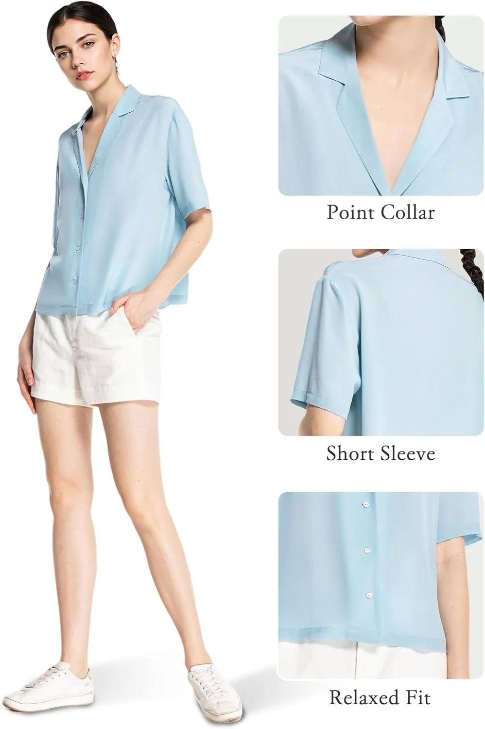 Silk Blouse for Women Button Down Shirts: Women's Short Sleeve Elegant Shirt 100% Pure Silk Casual Tops Summer Luxury Blouses