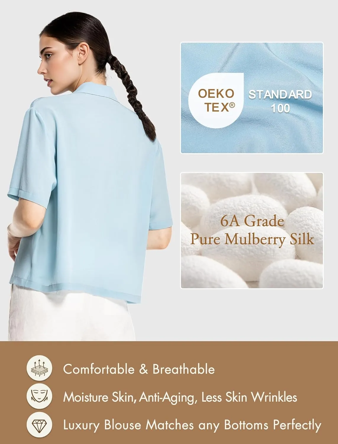 Silk Blouse for Women Button Down Shirts: Women's Short Sleeve Elegant Shirt 100% Pure Silk Casual Tops Summer Luxury Blouses