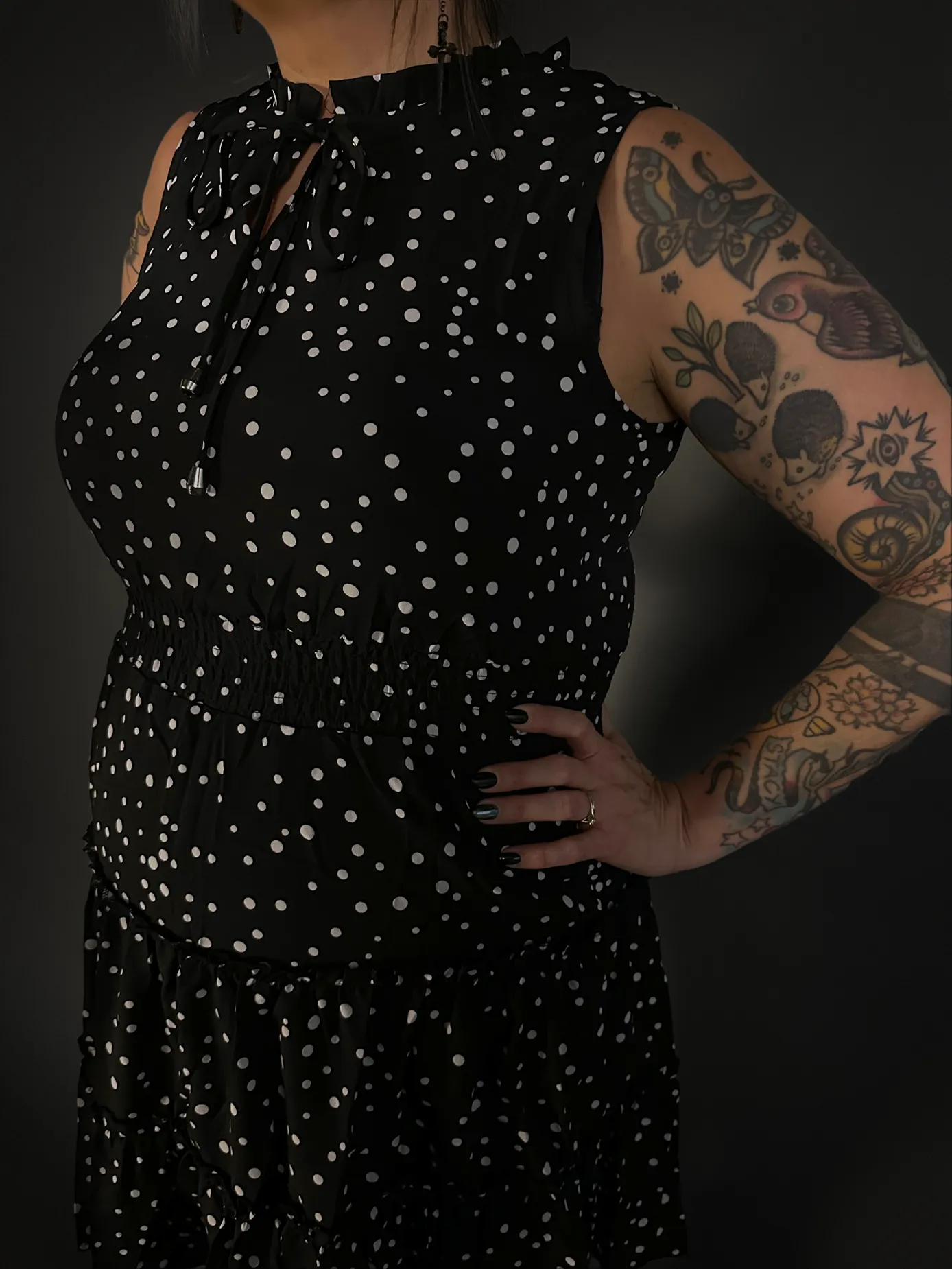 Sleeveless Abstract Polka Dot Ruffled Bottom Tie Neck Dress
