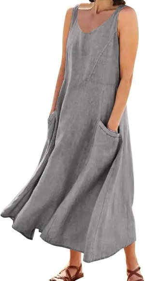 Summer Cotton Linen Long Dress for Women 2025 Sleeveless Boho Flowy Dresses Plus Size Loose Comfy Dress with Pockets