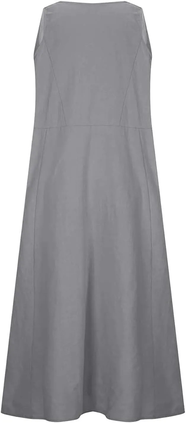 Summer Cotton Linen Long Dress for Women 2025 Sleeveless Boho Flowy Dresses Plus Size Loose Comfy Dress with Pockets