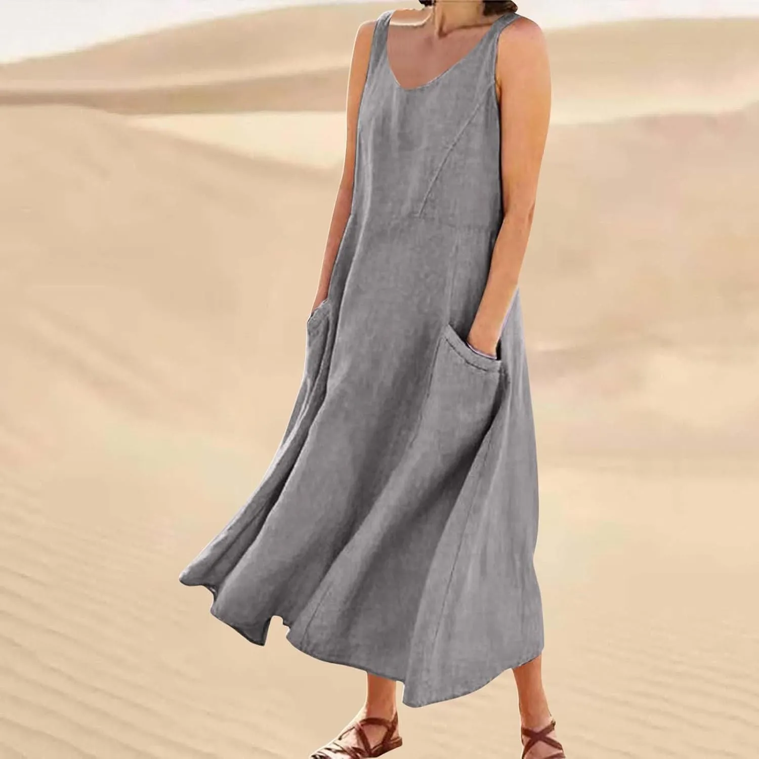 Summer Cotton Linen Long Dress for Women 2025 Sleeveless Boho Flowy Dresses Plus Size Loose Comfy Dress with Pockets