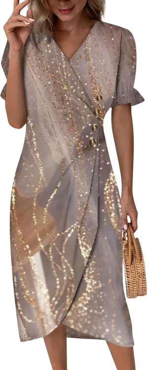 Summer Dresses for Women 2025 Trendy Boho Dress Elegant Beach V Neck Short Sleeve Irregular Hem Midi Sundresses