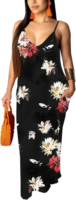 Summer Maxi Dress for Women 2025 Plus Size Casual Sexy Floral Sleeveless Vacation Long Sundresses with Pockets