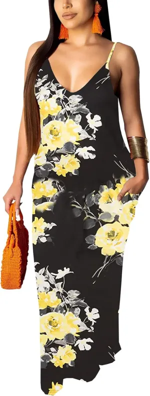 Summer Maxi Dress for Women 2025 Plus Size Casual Sexy Floral Sleeveless Vacation Long Sundresses with Pockets