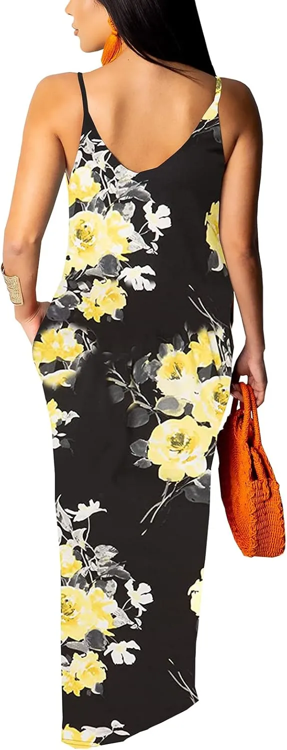 Summer Maxi Dress for Women 2025 Plus Size Casual Sexy Floral Sleeveless Vacation Long Sundresses with Pockets