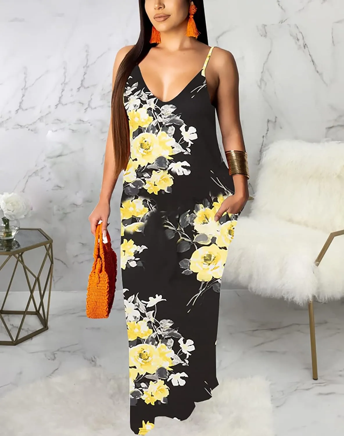 Summer Maxi Dress for Women 2025 Plus Size Casual Sexy Floral Sleeveless Vacation Long Sundresses with Pockets