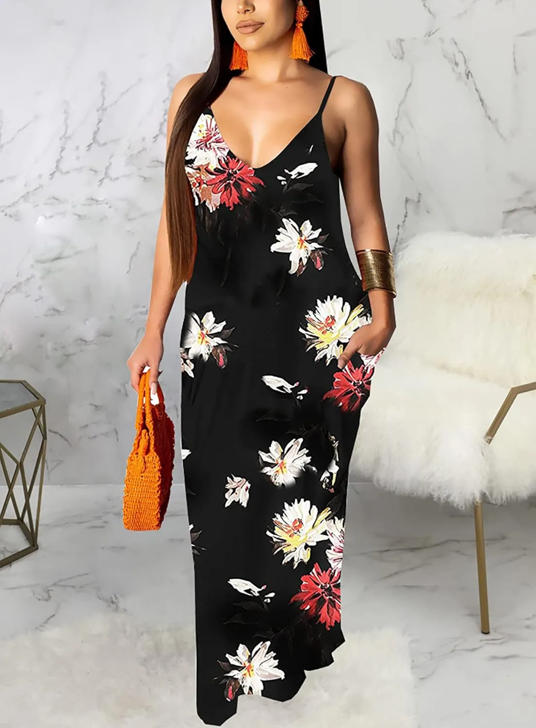 Summer Maxi Dress for Women 2025 Plus Size Casual Sexy Floral Sleeveless Vacation Long Sundresses with Pockets