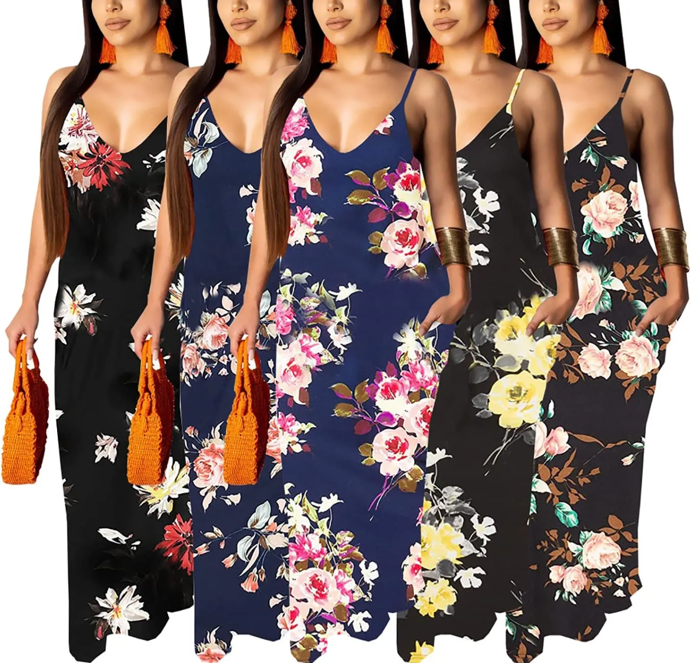 Summer Maxi Dress for Women 2025 Plus Size Casual Sexy Floral Sleeveless Vacation Long Sundresses with Pockets