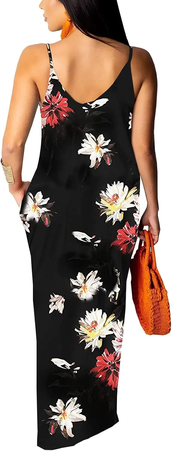 Summer Maxi Dress for Women 2025 Plus Size Casual Sexy Floral Sleeveless Vacation Long Sundresses with Pockets