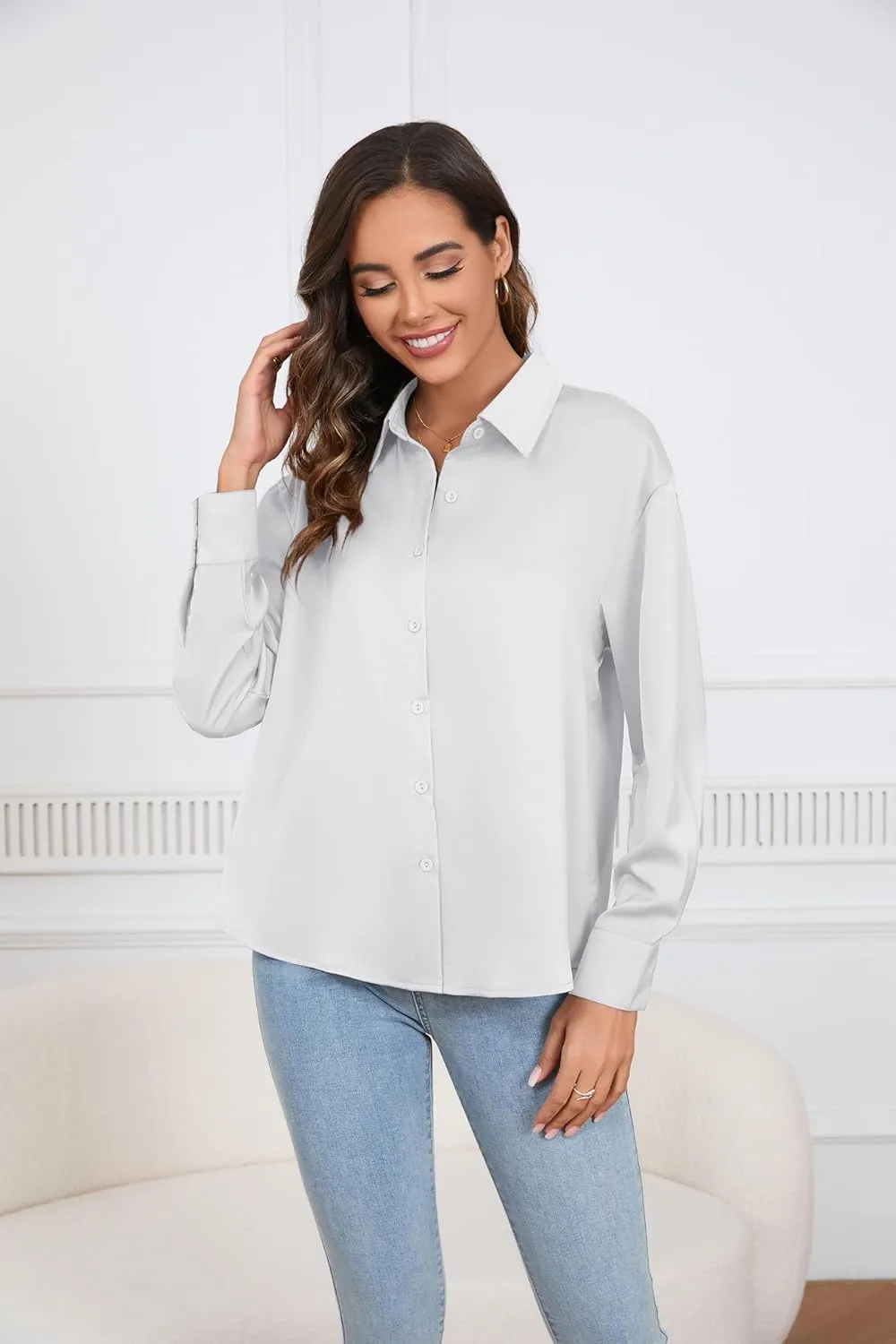 TASAMO Womens Button Down Shirt Satin Silk Shirt V Neck Long Sleeve Button White Collar Standing Collar Work Blouses