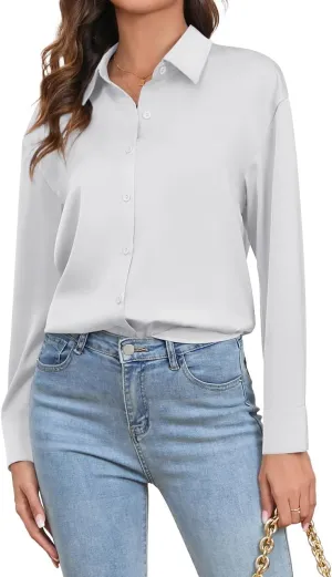 TASAMO Womens Button Down Shirt Satin Silk Shirt V Neck Long Sleeve Button White Collar Standing Collar Work Blouses