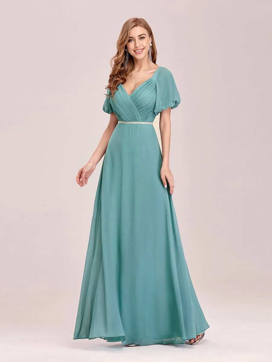 V-neck Lantern Sleeves Maxi Chiffon Bridesmaid Dress