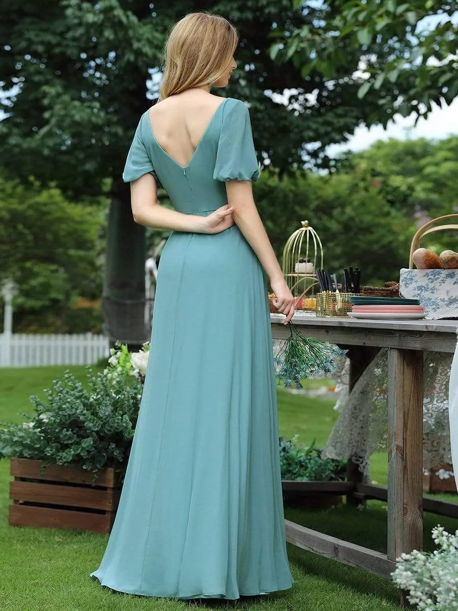 V-neck Lantern Sleeves Maxi Chiffon Bridesmaid Dress