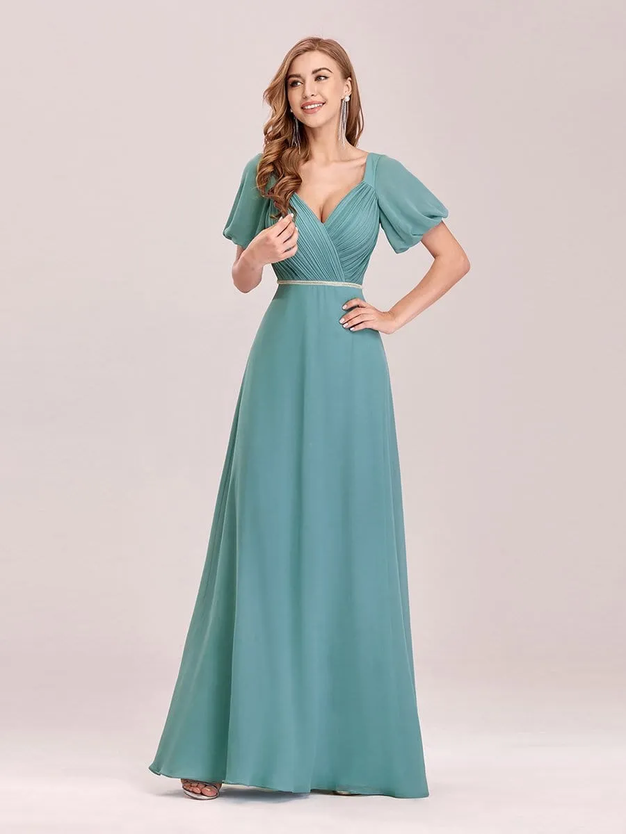 V-neck Lantern Sleeves Maxi Chiffon Bridesmaid Dress