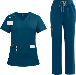 VIAOLI Scrubs Set for Women - Modern V-Neck Top & Tapered Leg Jogger Pants Multiple Pockets Nursing Uniforms