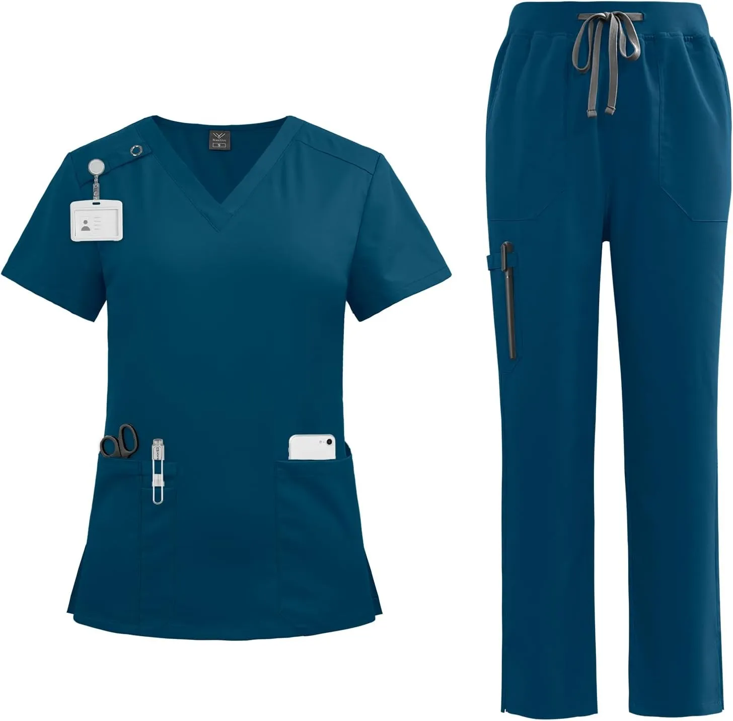 VIAOLI Scrubs Set for Women - Modern V-Neck Top & Tapered Leg Jogger Pants Multiple Pockets Nursing Uniforms