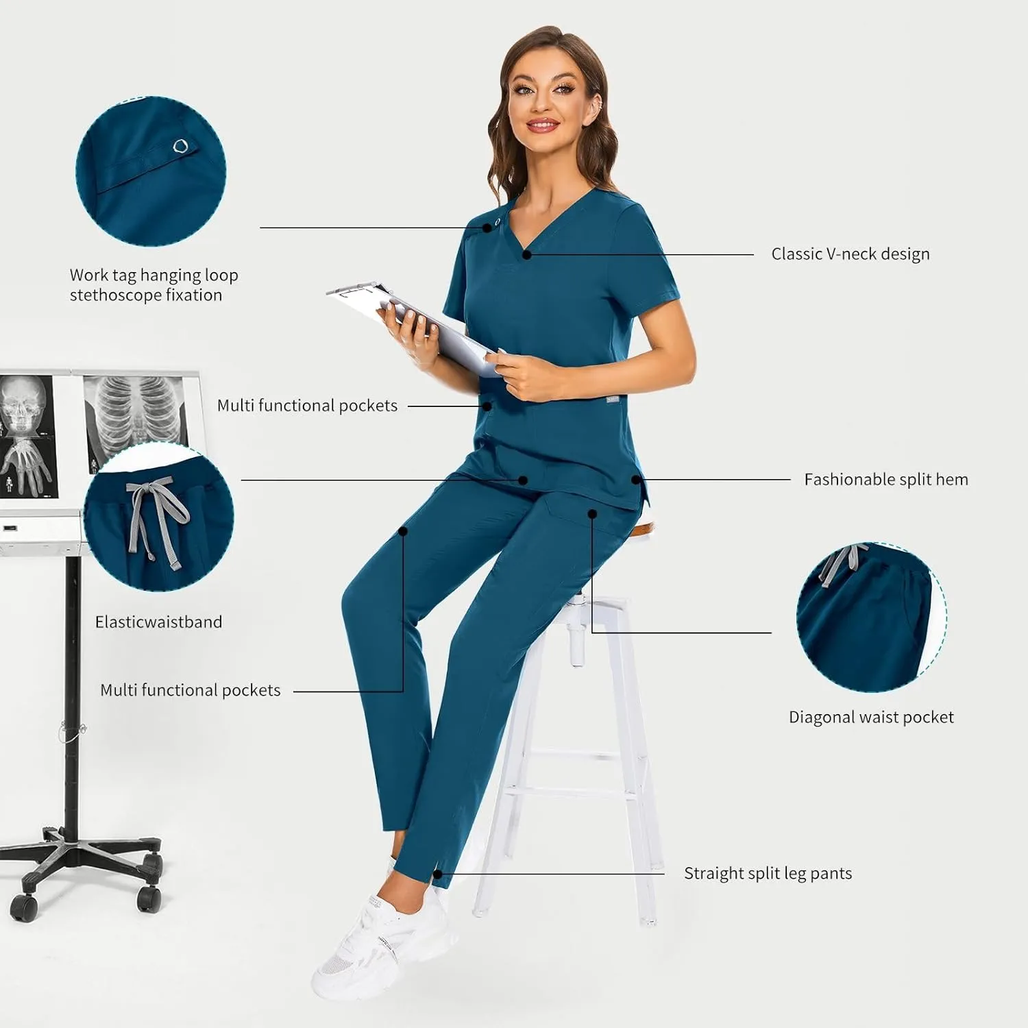VIAOLI Scrubs Set for Women - Modern V-Neck Top & Tapered Leg Jogger Pants Multiple Pockets Nursing Uniforms