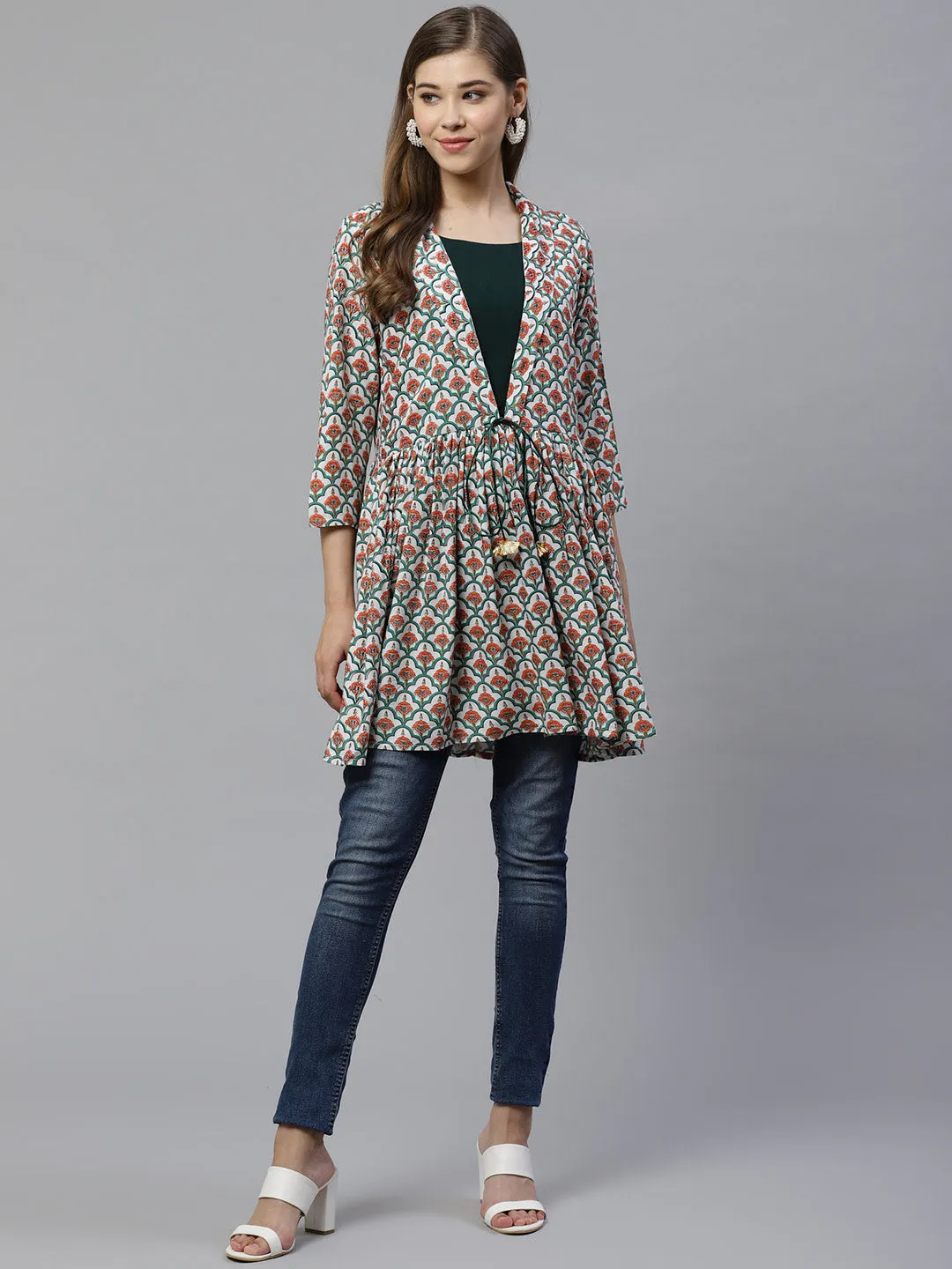 White & Teal Green Ethnic Printed Waist Tie-Up Tunic