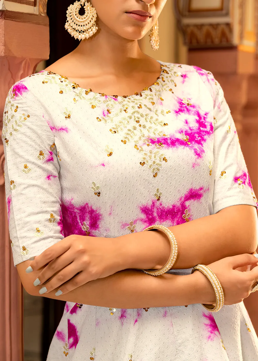White Shibori Print Embroidered Floor Length Cotton Gown