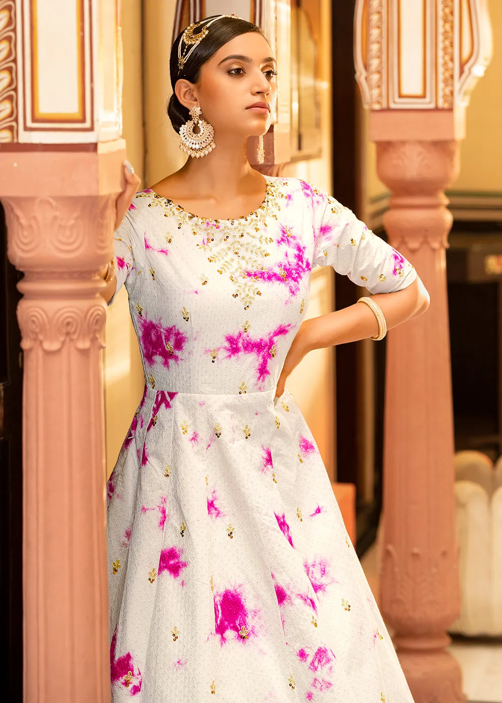 White Shibori Print Embroidered Floor Length Cotton Gown