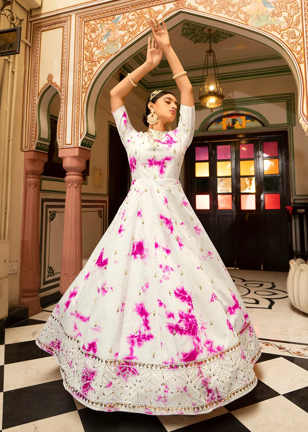 White Shibori Print Embroidered Floor Length Cotton Gown