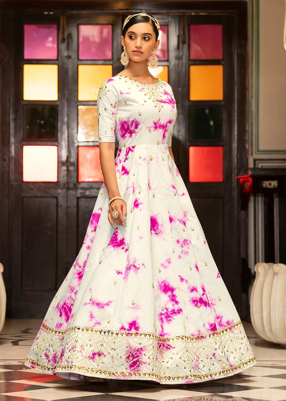 White Shibori Print Embroidered Floor Length Cotton Gown