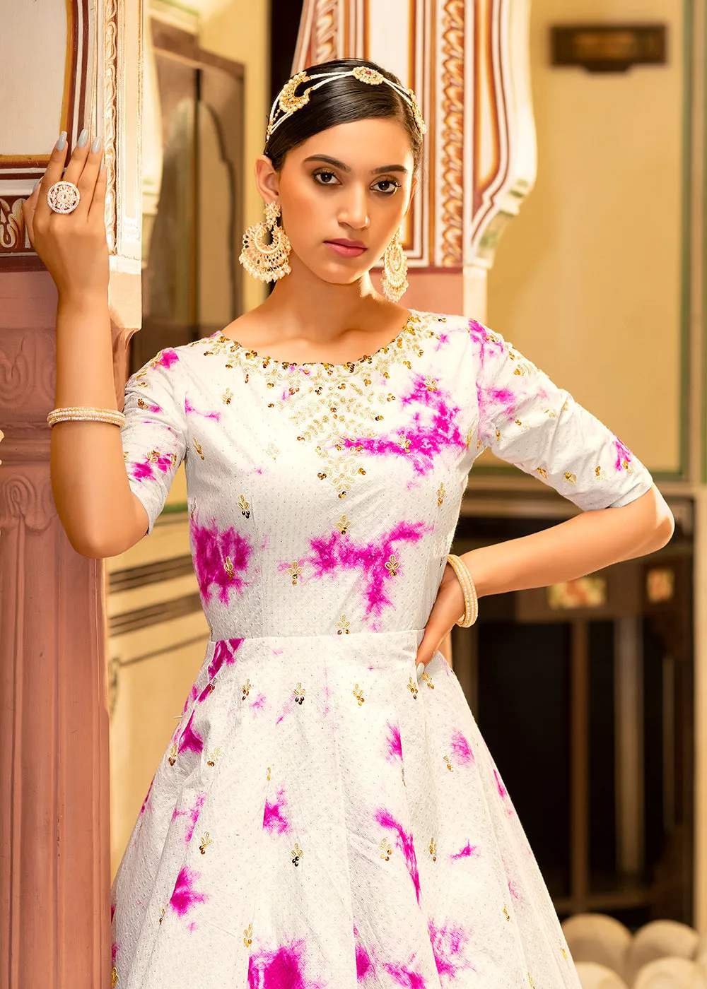 White Shibori Print Embroidered Floor Length Cotton Gown