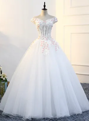 White Tulle Beading Ball Gown Off The Shoulder Quinceanera Dresses