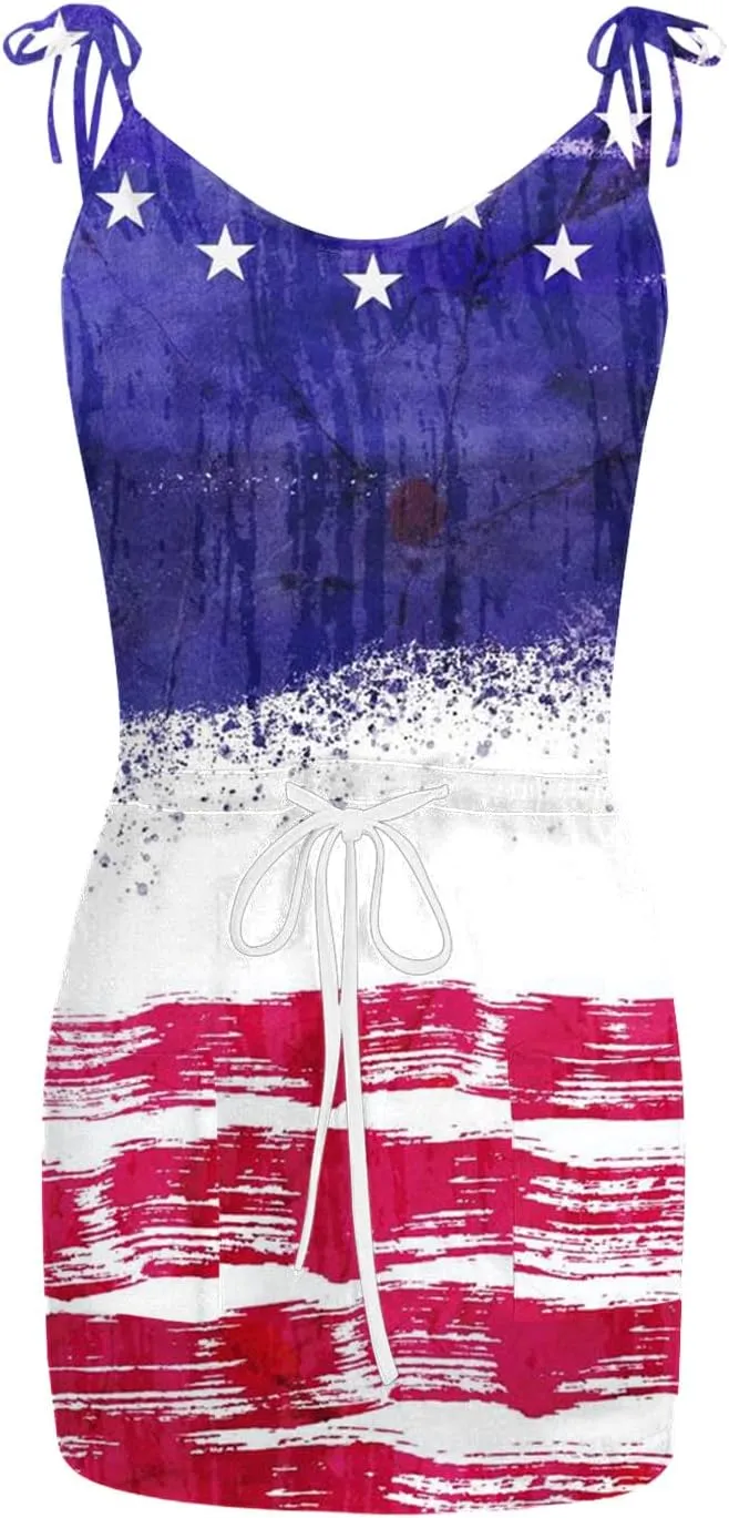 Women 4th of July Flag Tank Dress Summer Casual Striped Patriotic Dress Sleeveless Drawstring Waist Sundress