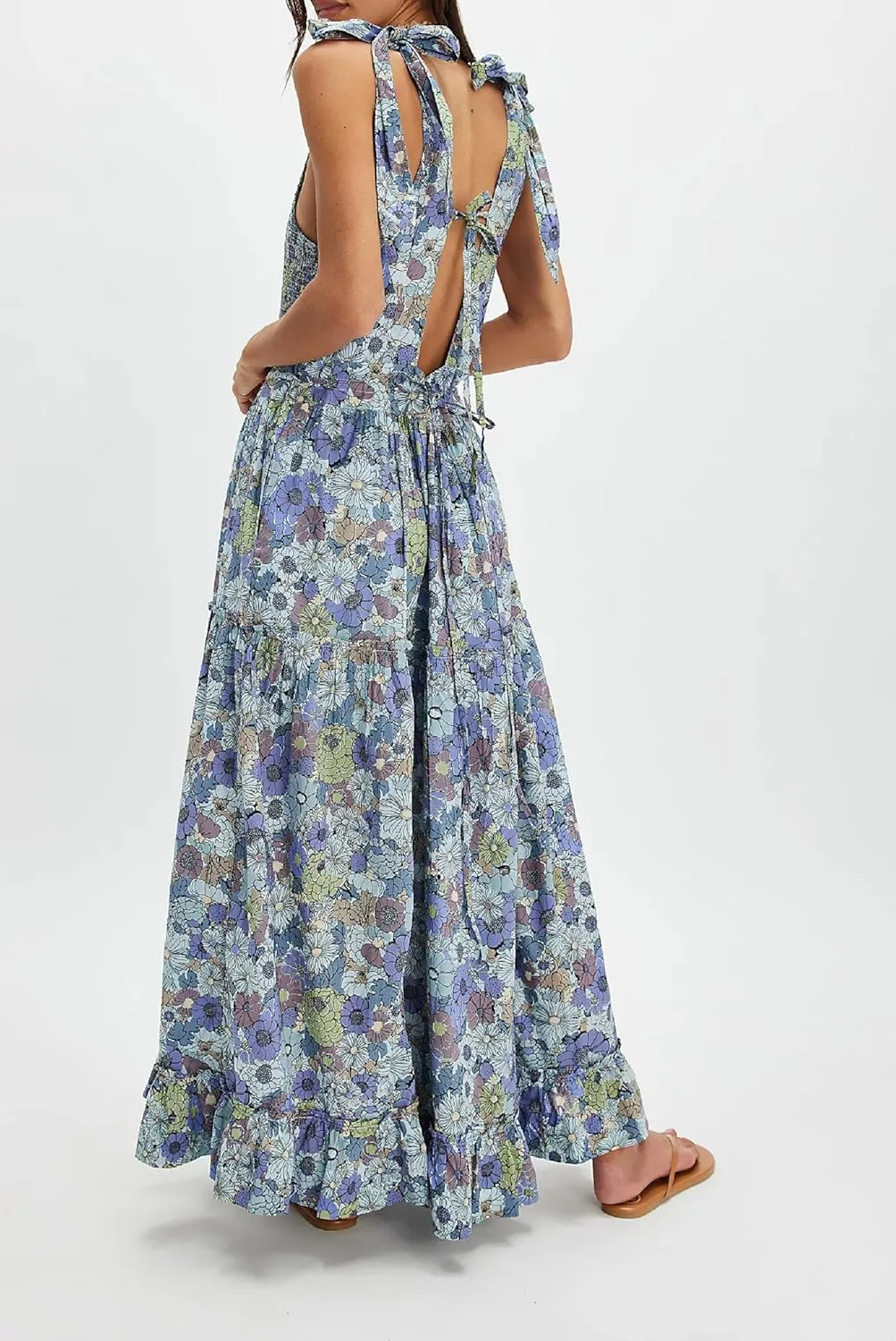 Women Bow Tie Shoulder Boho Flowy Long Dress Sleeveless Floral Tiered Cami Dress Graffiti Going Out Vocation Sundress
