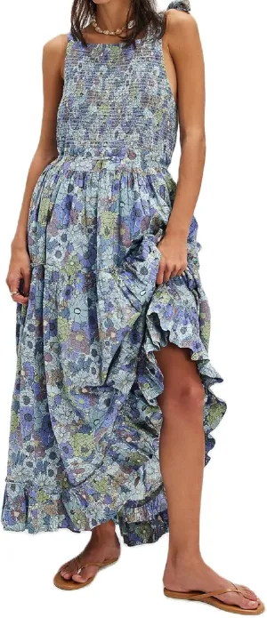 Women Bow Tie Shoulder Boho Flowy Long Dress Sleeveless Floral Tiered Cami Dress Graffiti Going Out Vocation Sundress