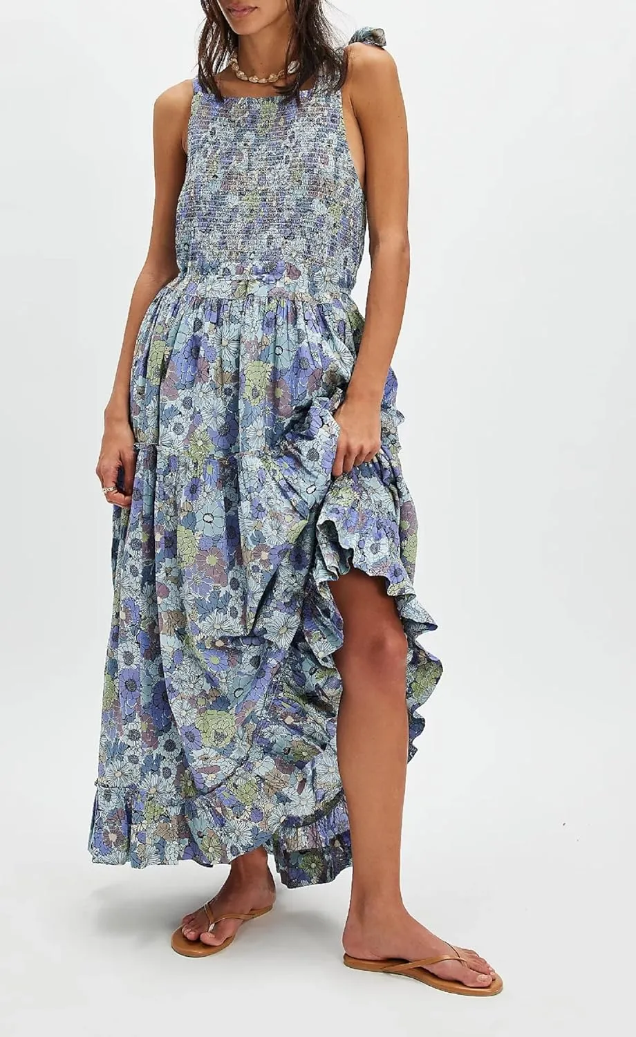 Women Bow Tie Shoulder Boho Flowy Long Dress Sleeveless Floral Tiered Cami Dress Graffiti Going Out Vocation Sundress