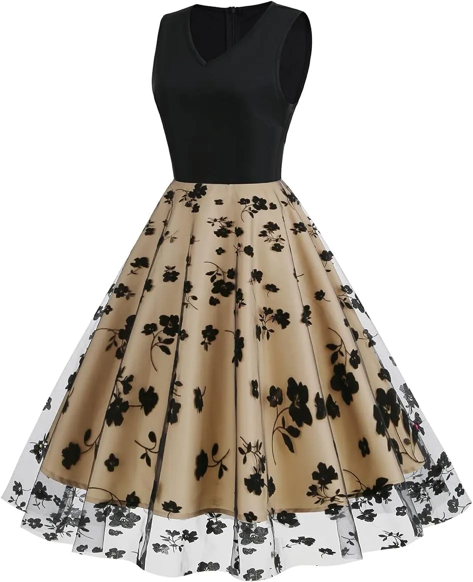 Women Keyhole Floral Embroidery Dress Sheer Mesh Illusion Vintage Cocktail Swing Dress Wedding Party Prom Tulle Evening Dress