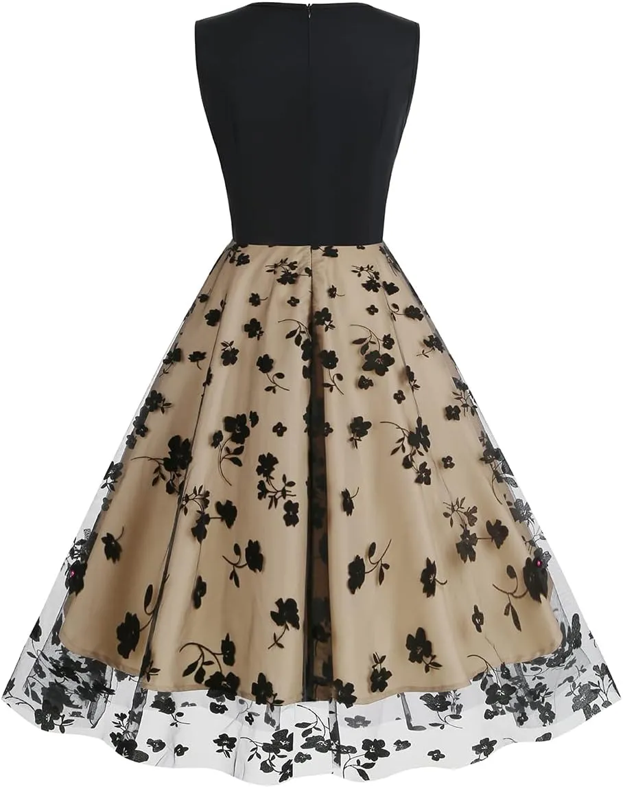 Women Keyhole Floral Embroidery Dress Sheer Mesh Illusion Vintage Cocktail Swing Dress Wedding Party Prom Tulle Evening Dress