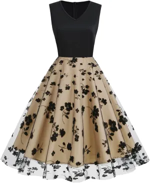 Women Keyhole Floral Embroidery Dress Sheer Mesh Illusion Vintage Cocktail Swing Dress Wedding Party Prom Tulle Evening Dress