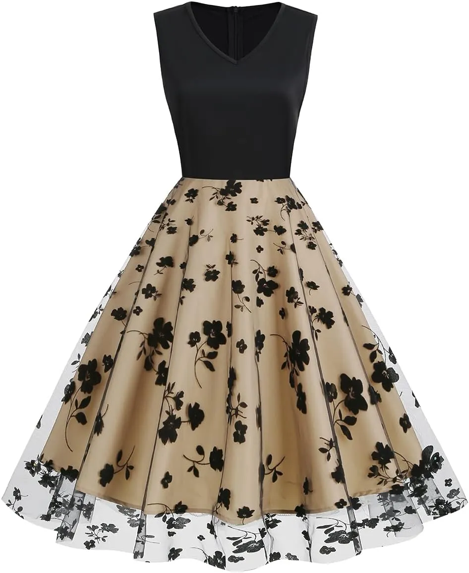 Women Keyhole Floral Embroidery Dress Sheer Mesh Illusion Vintage Cocktail Swing Dress Wedding Party Prom Tulle Evening Dress