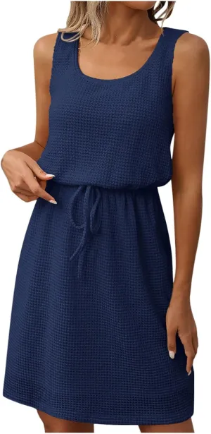 Women Summer Sleeveless Maxi Sundress Casual Round Neck Racerback Beach Tank Dresses Trendy Drawstring Blouson Dress