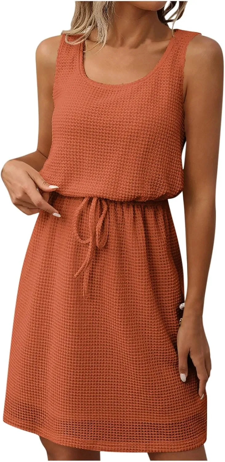 Women Summer Sleeveless Maxi Sundress Casual Round Neck Racerback Beach Tank Dresses Trendy Drawstring Blouson Dress