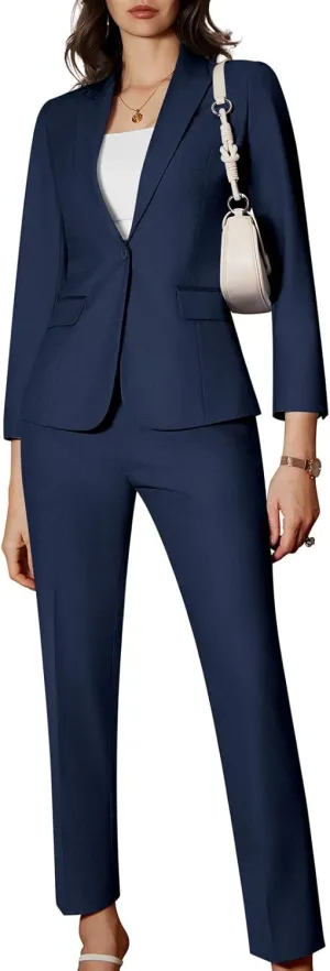 Women's 2 Piece Business Office Suit Lady Peaked Lapel Slim Fit One Button Blazer Jacket and Pants Set