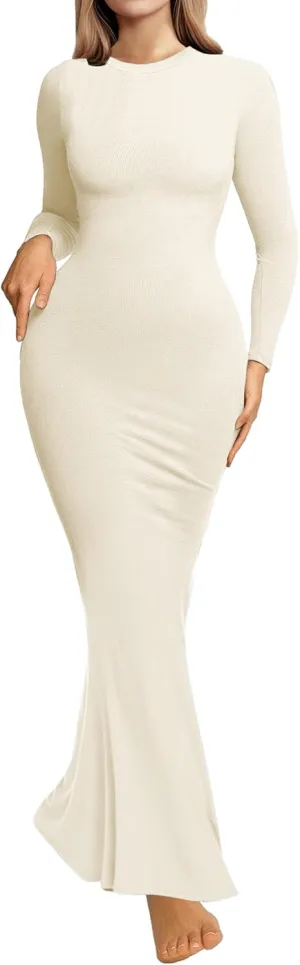 Womens Bodycon Maxi Dresses Sexy Crew Neck Dresses Long Sleeve Ribbed Black Dress Elegant Lounge Fall Long Dresses