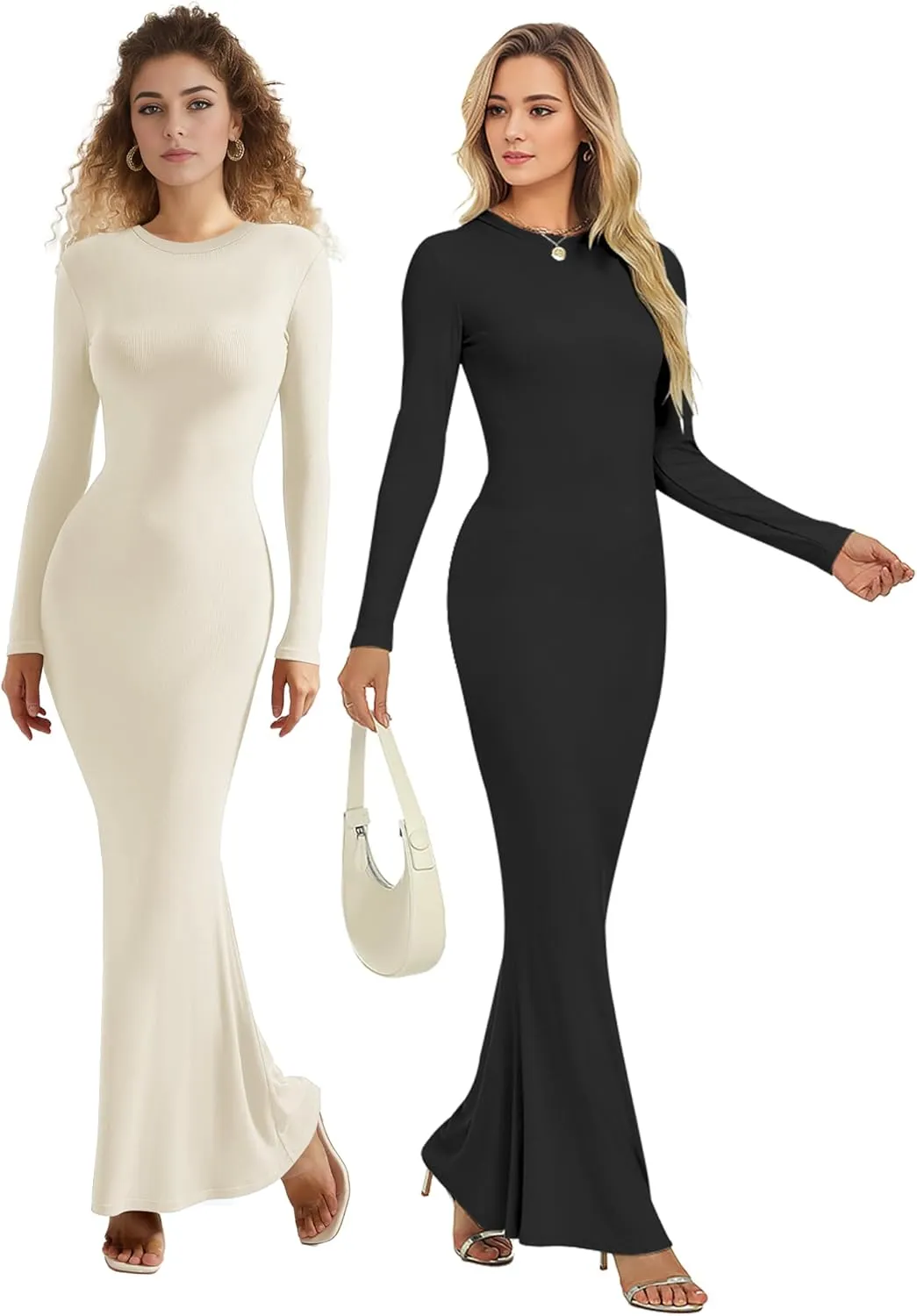 Womens Bodycon Maxi Dresses Sexy Crew Neck Dresses Long Sleeve Ribbed Black Dress Elegant Lounge Fall Long Dresses