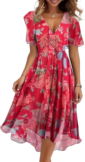Womens Boho Floral Printed Chiffon Dresses 2025 Elegant V Neck Belted Summer Wedding Prom Cocktail Midi Dress
