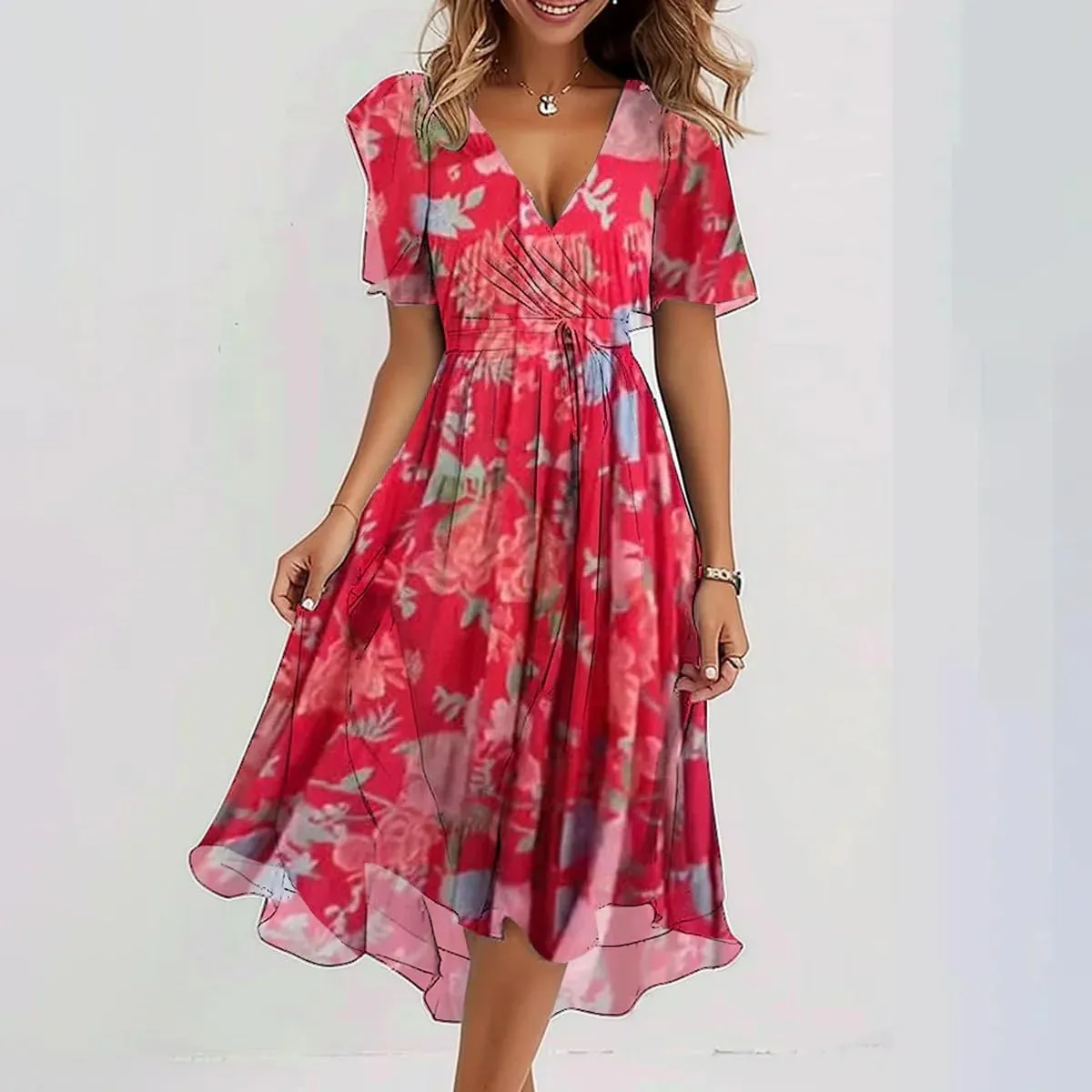 Womens Boho Floral Printed Chiffon Dresses 2025 Elegant V Neck Belted Summer Wedding Prom Cocktail Midi Dress