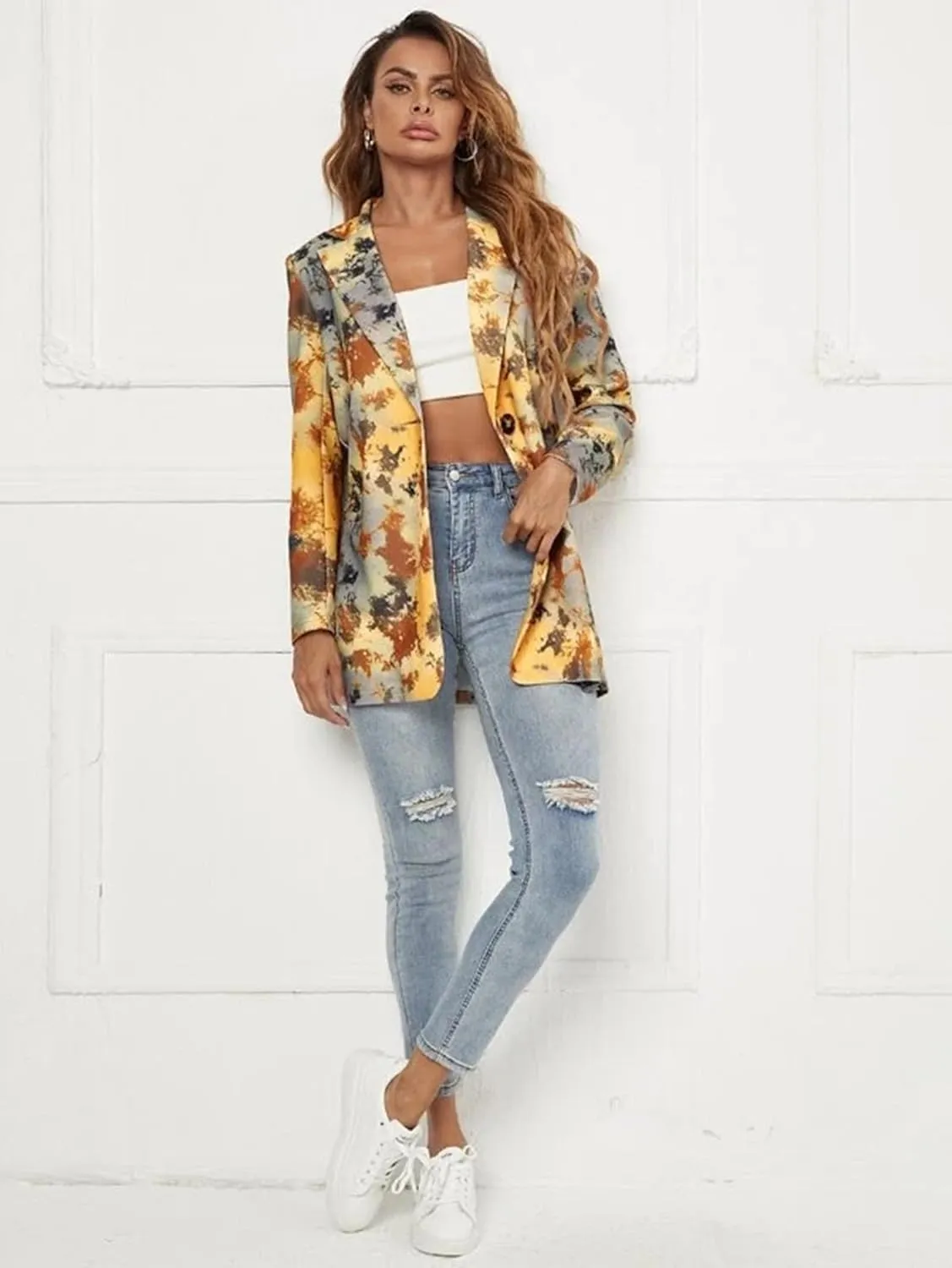 Women's Graphic Printed Blazer Button Open Front Colorful Long Sleeve Notch Lapel Pop Art Jacket Multicolored